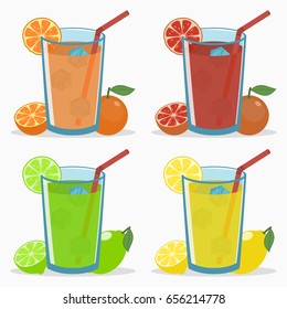 Set of citrus juice - orange, grapefruit, lime, lemon. Natural fresh drink with straw, ice cube, slice and half fruits. Vector illustration.