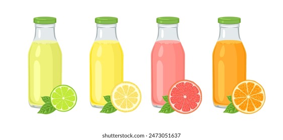 Set of citrus juices in glass bottles. Lime, orange, lemon and grapefruit drink and fresh slices. Vector cartoon illustration.