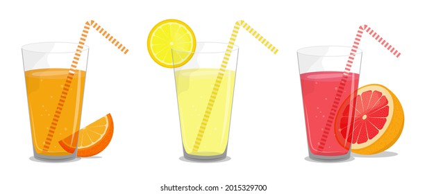 Juego de jugos cítricos: naranja, limonada, pomelo. Zumos refrescantes con paja en vidrio. Ilustración vectorial.