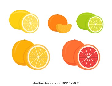 Set of citrus lemon, mandarin, lime, orange, grapefruit - whole, cut half. Fresh sour citrus fruit with vitamins. Piece and slice citrus. Vector illustration isolated on white background