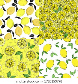 Set of citrus seamless patterns. Hand drawn colorful seamless pattern of hand drawn lemons and green leaves. Perfect for textile manufacturing wallpaper posters.