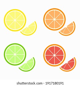 Set of citrus slices of lime, orange, grapefruit and lemon. The style is hand-drawn and cartoonish. All objects are isolated. Vector 8 eps