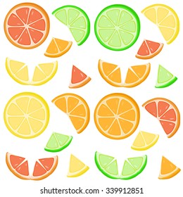 Set of citrus slices. Vector illustration of orange, lime, lemon and grapefruit slices.