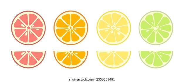 Set of citrus. Summer dessert and delicacy. Lemon, lime and orange, grapefruit. Natural and organic products with vitamins. Cartoon flat vector collection isolated on white background