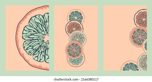 Set of citrus vertical banners. Vector illustration with citrus fruits. Lemon, orange posters. Cartoon banners with citrus cutted in slices. 