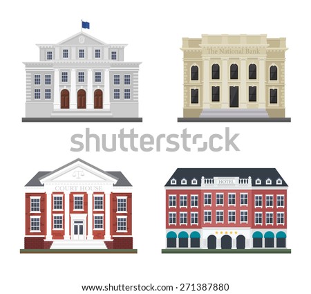 Set the city administration building and the hotel. Detached houses on a white background frontally.