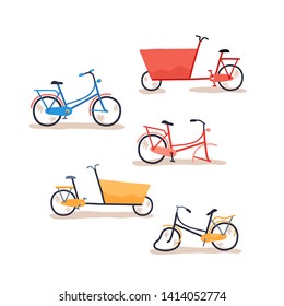 Set of city bikes in different condition. Flat vector illustration.
