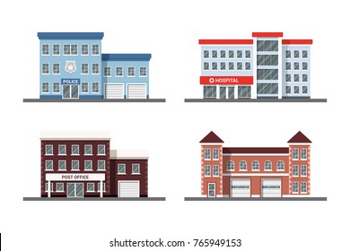 Set Of City Building Icons: Police Station, Hospital, Post Office And Fire Station. Flat Style Illustration.