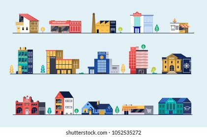 Set Of City Buildings. Bank, Hospital, Fire Station, Police Station, Shops And Restaurants. Vector Illustration.