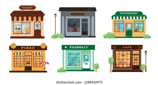 Set of city buildings. Book store, cafe, pharmacy, bakery, pizzeria and supermarket exterior. Vector illustrations isolatad on white background.