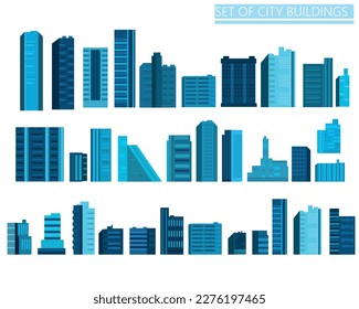 Set of city buildings in dark blue. Modern skyscrapers