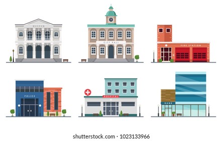 Set of city buildings - city hall, museum, police station, fire station, hospital, bank, Vector illustration in flat style, design template