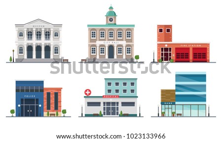 Set of city buildings - city hall, museum, police station, fire station, hospital, bank, Vector illustration in flat style, design template