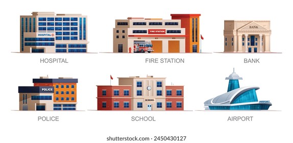 Set of city buildings. Hospital, fire station, bank, police station, school and airport. Vector illustration