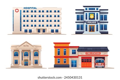 Set of city buildings. Hospital, police station, bank and fire station. Vector illustration