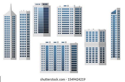 Set of city buildings isolated to create modern urban cityscape, for infographic design, flat style. Business office, houses, shopping center with glass panels. Vector illustration