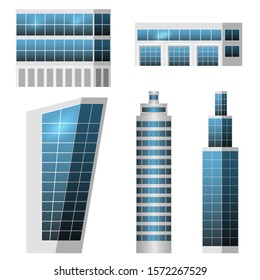 Set of city buildings isolated to create modern urban cityscape, Flat design. Business office, houses, shopping center with gllazed panels. Vector illustration