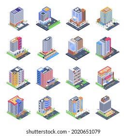 Reihe von Stadtgebäuden - Isometrische Illustrationen