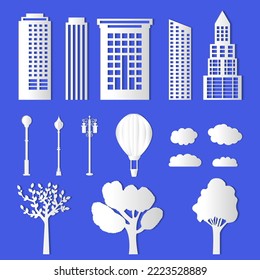 Set of city buildings, lanterns, trees, clouds, parachute as isolated objects. Paper-cut buildings, skyscrapers, mansions. Vector illustration, origami for design minimalist city in paper cut style 