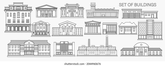 Set of city buildings on a light gray background. Building icons. Outline style.