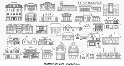 Set of city buildings on a light gray background. Building icons. Outline style.	