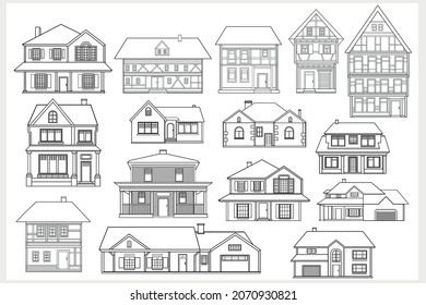 Set of city buildings on a light gray background. Building icons. Outline style. Suburban houses