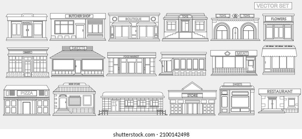 Set of city buildings on a light gray background. Building icons. Outline style.Set of icons of markets, grocery stores, restaurants, cafes, pizzerias and other city buildings