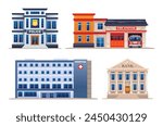 Set of city buildings. Police station, fire station, hospital and bank. Vector illustration