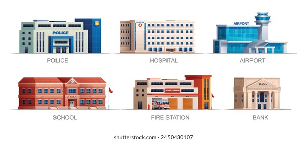 Set of city buildings. Police station, hospital, airport, school, fire station and bank. Vector illustration