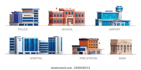 Set of city buildings. Police station, school, airport, hospital, fire station and bank. Vector illustration