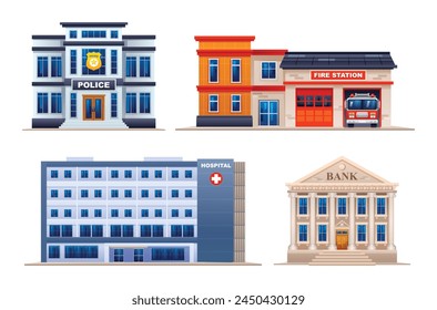 Set von Stadtgebäuden. Polizeistation, Feuerwache, Krankenhaus und Bank. Vektorillustration