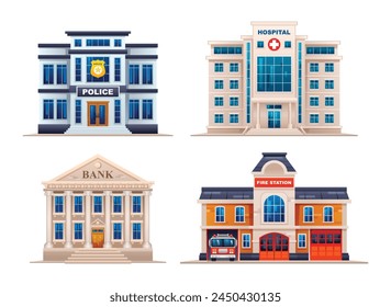 Set of city buildings. Police station, hospital, bank and fire station. Vector illustration