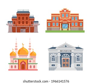 Set of city buildings. Prison, school, mosque and museum. Vector flat illustration