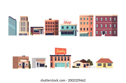 Set of city buildings: shopping mall, house, office, cafe, restaurant, kiosk and coffee shop. Cartoon collection of cute front facades for urban town landscape. Flat vector illustration