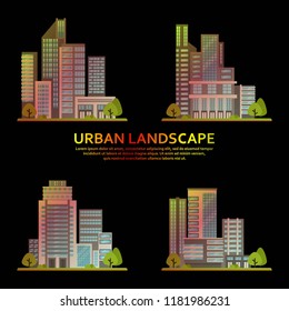 Set of city buildings in a vector. Modern skyscrapers, business centers, and offices. An urban landscape on the black background.