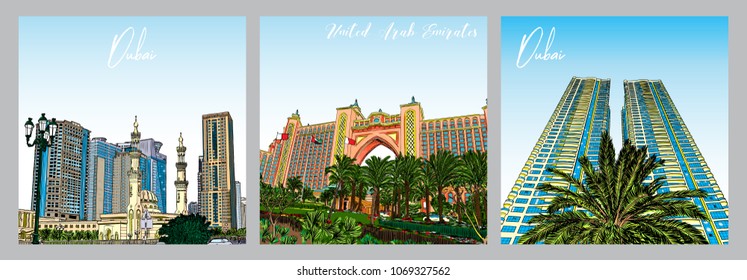 Set of City Dubai skyline and famous tourist destinations. UAE. United Arab Emirates skyscraper buildings, hotels and Mosque. Hand drawn sketch. Vector.
