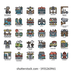 Set von Stadtelementen dünne Linie und Pixel perfekte Symbole für jedes Web- und App-Projekt. 