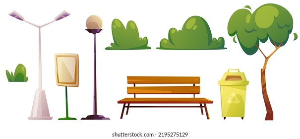 Set of city elements, constructor, cartoon park items. Green tree, wooden bench, bushes, street lamp and ads banner with litter bin outdoor urban decor vector illustration isolated on white