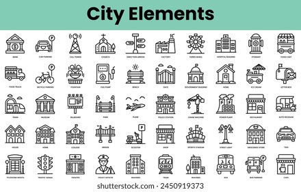 Conjunto de iconos de Elementos de la ciudad. Paquete de iconos de estilo lineal. Ilustración vectorial