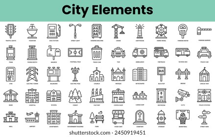 Conjunto de iconos de Elementos de la ciudad. Paquete de iconos de estilo lineal. Ilustración vectorial