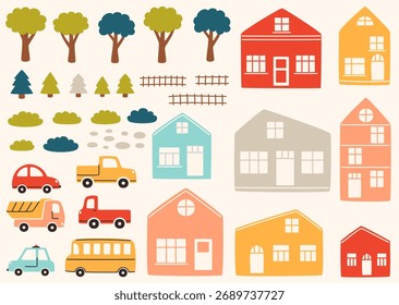 Un conjunto de Elementos de ciudad para niños. Lindas casas, árboles y coches en un estilo infantil.
