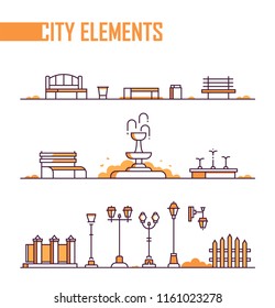 Set of city elements - modern line design style objects on white background. Different urban benches, fountains, street lanterns, trash cans, fence, gates. Nice orange color