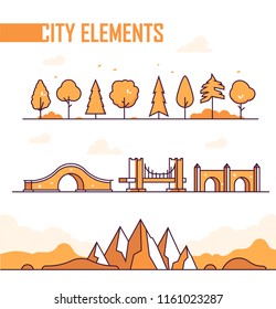 Set of city elements - modern vector isolated objects in line design style on white background. Different trees, bushes, mountains, hills. Various types of bridges, moon, viaduct, arched. Orange color