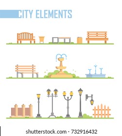 Set of city elements - modern vector cartoon isolated illustration in flat design style on white background. Different benches, fountains, street lanterns, trash cans, fence, gates on a green lawn