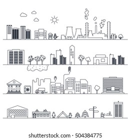 Set of city flat icons in line art, urban landscape. Vector. Black on white.