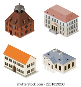 Set of city halls, town halls, residentals, isometric architecture.