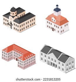 Set of city halls, town halls, residentals, isometric architecture.