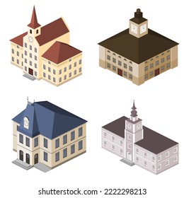 Set of city halls, town halls, residentials isometric.