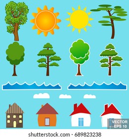 Set the city. House. Trees. Isolated on a blue background. For your design.