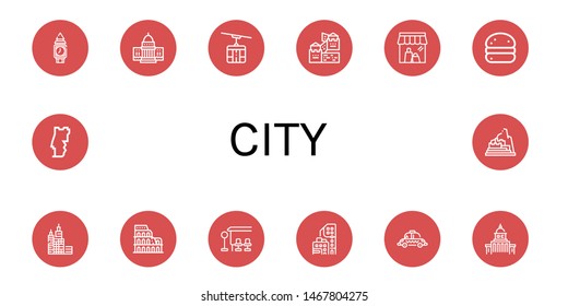 Set of city icons such as Clock tower, White house, Cable car, Great wall of china, Shop, Bola de berlim, Skyscraper, Coliseum, Bus stop, Condominium, Taxi, Government , city